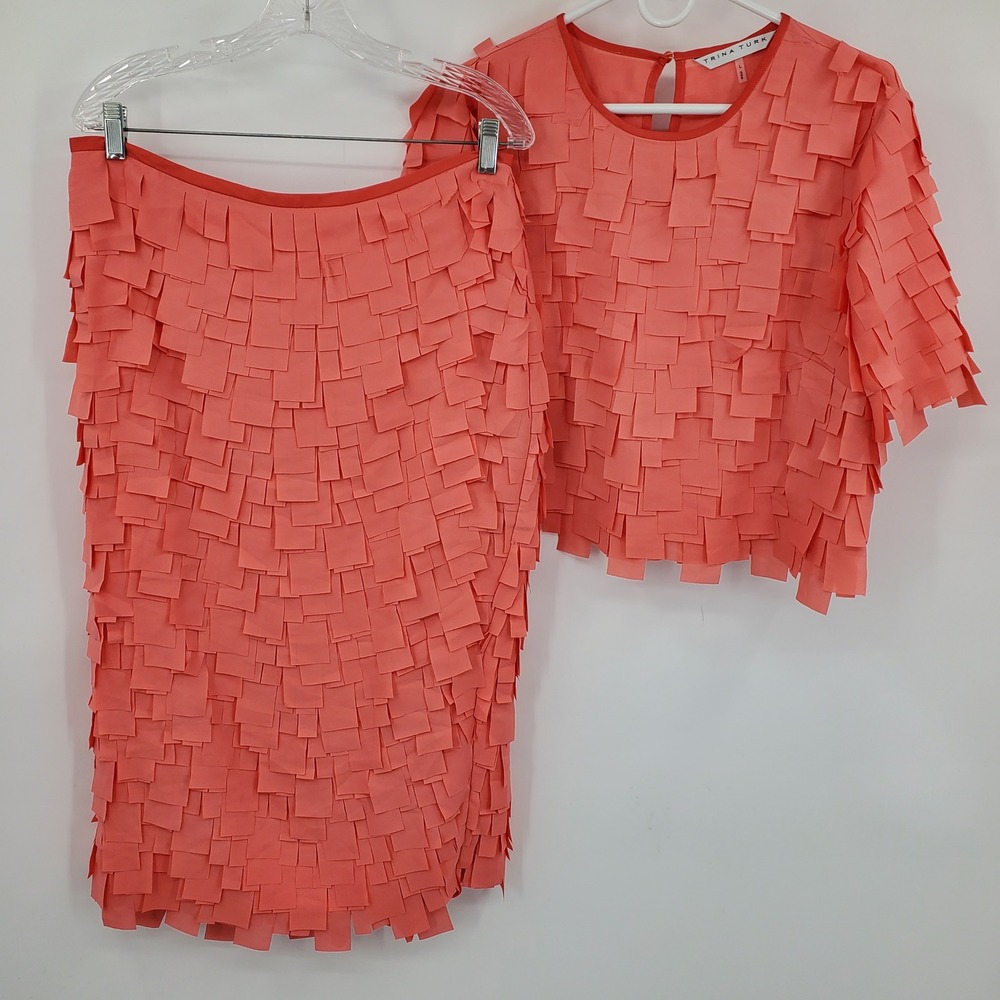Trina Turk Coral Pink Textured Square Layered Top Skirt Set Size L / 14 Event